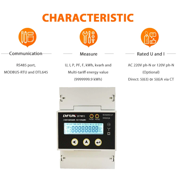 DFPM93 عداد الطاقة ثلاثي الطور 5A عبر CT المميز